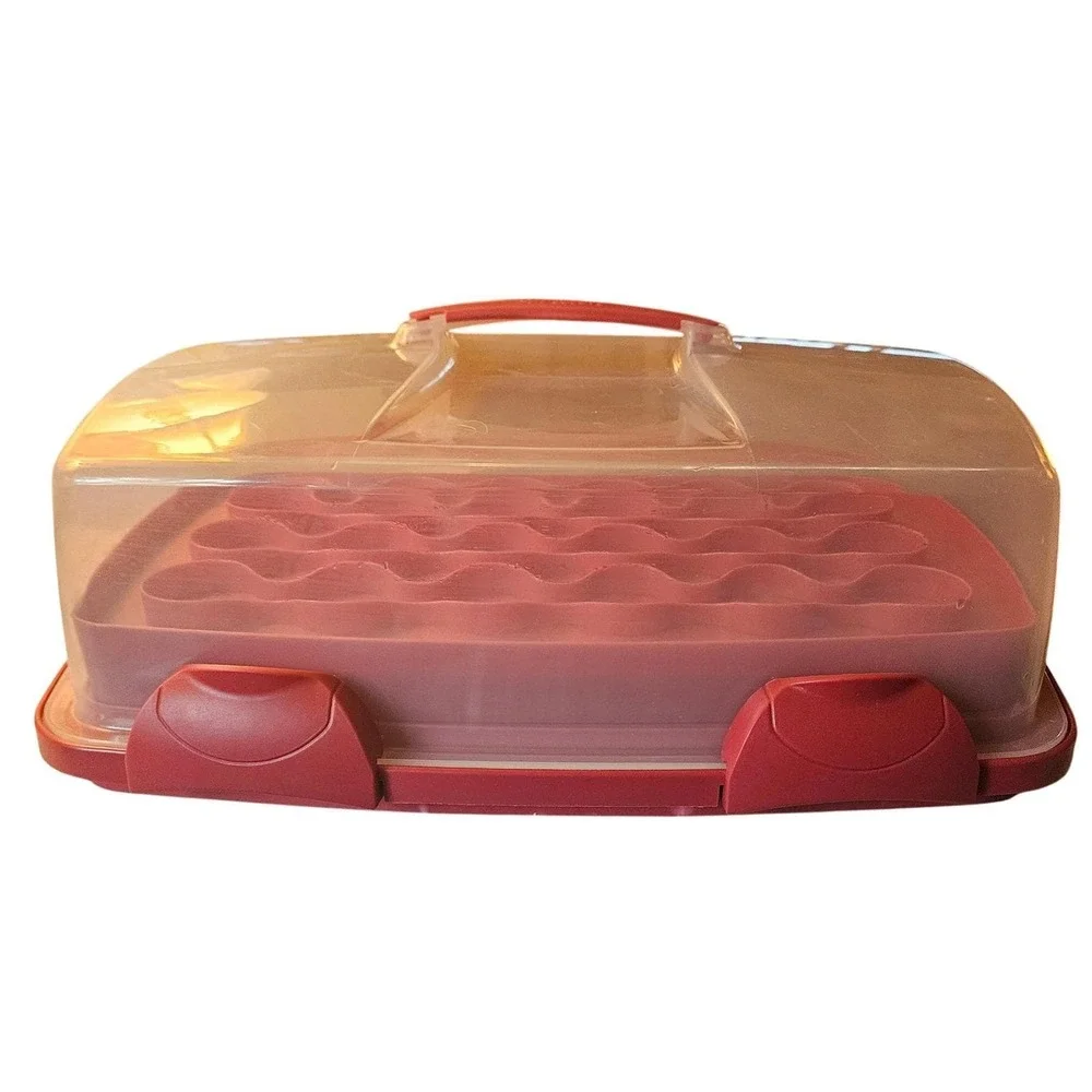 Wilton 3 in 1 Cupcake Carrier Caddy Red 18x14 with Clip On Clear Lid and Handle